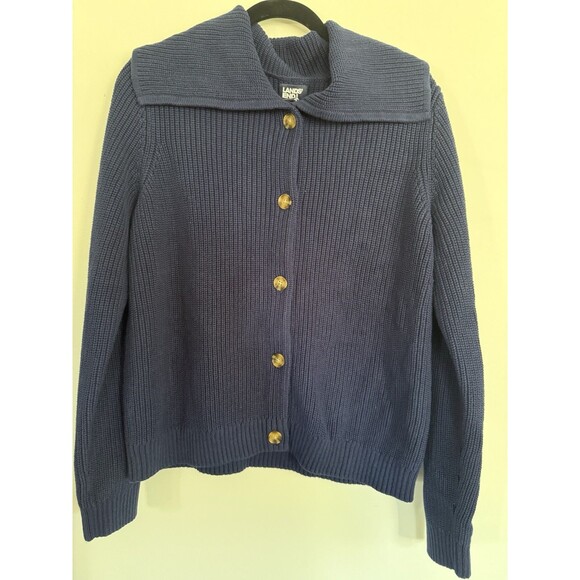 NEW Lands End Drifter Sailor Collar Cardigan Navy Lg Buttons MSRP $99 - Picture 1 of 8